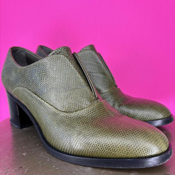 Reed Krakoff Olive Green Leather Slip-On Block Heel Bootie Sz 37 - Picture 1 of 8